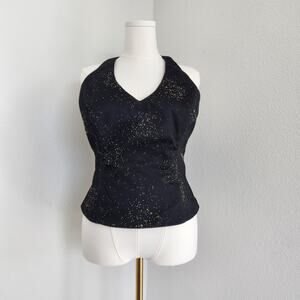 Vintage Crimson Black Tulle Halter Top Metal Beaded V-Neck L